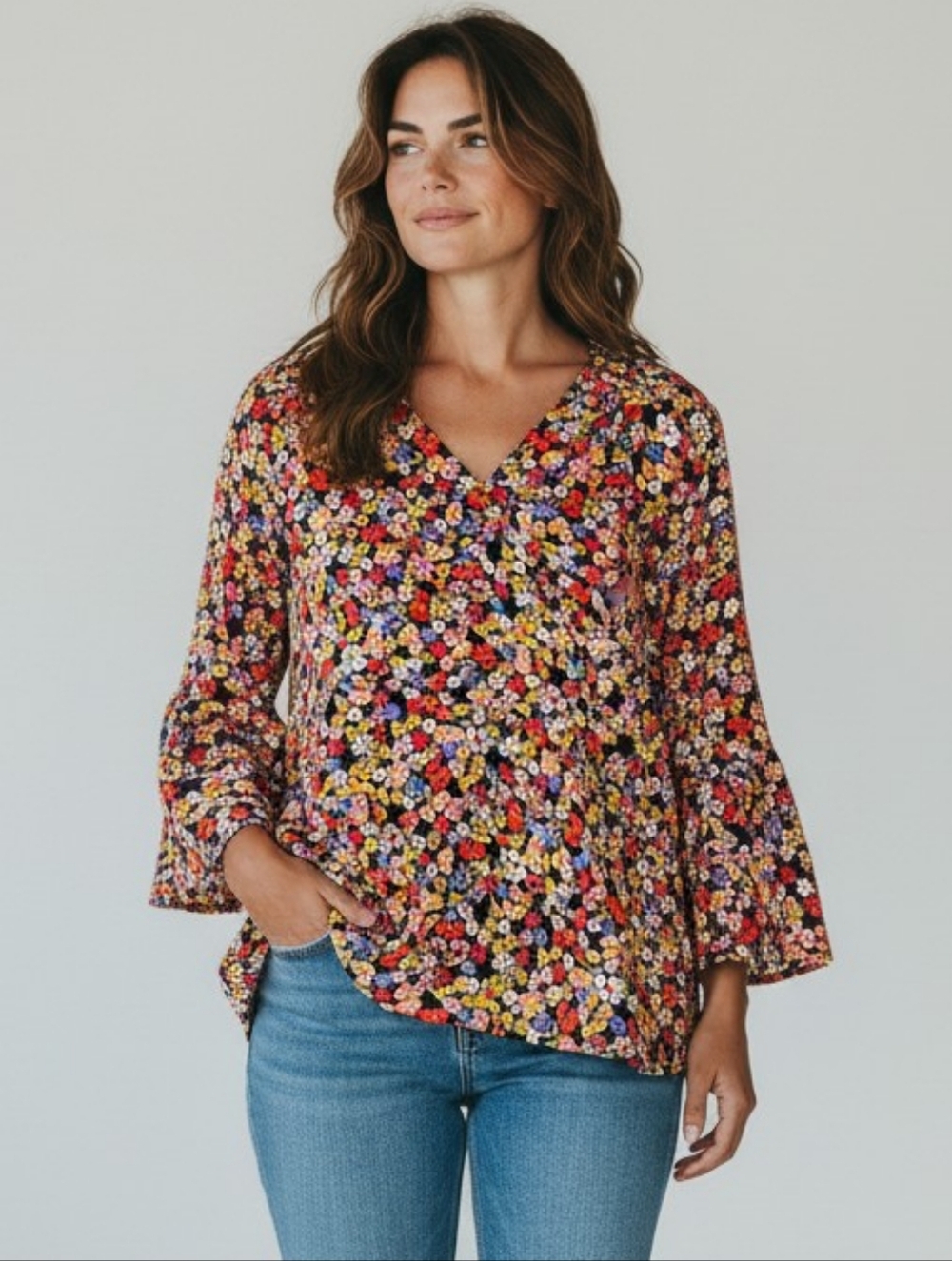 Ilanco Women's Floral Blouse Multicolor Wrap V Neck Size L Bell Sleeve‎ Boho Top